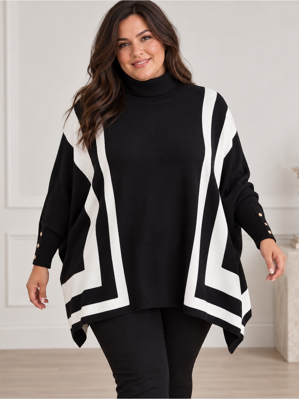 JM Collection Black & White Geometric Turtleneck Poncho Sweater 2X